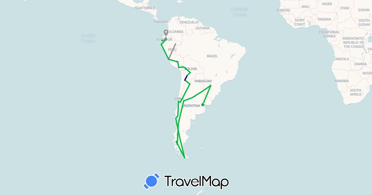 TravelMap itinerary: driving, bus, plane, train, hiking in Argentina, Bolivia, Chile, Ecuador, Peru (South America)