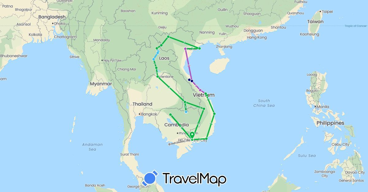 TravelMap itinerary: driving, bus, plane, train, boat in Cambodia, Laos, Vietnam (Asia)